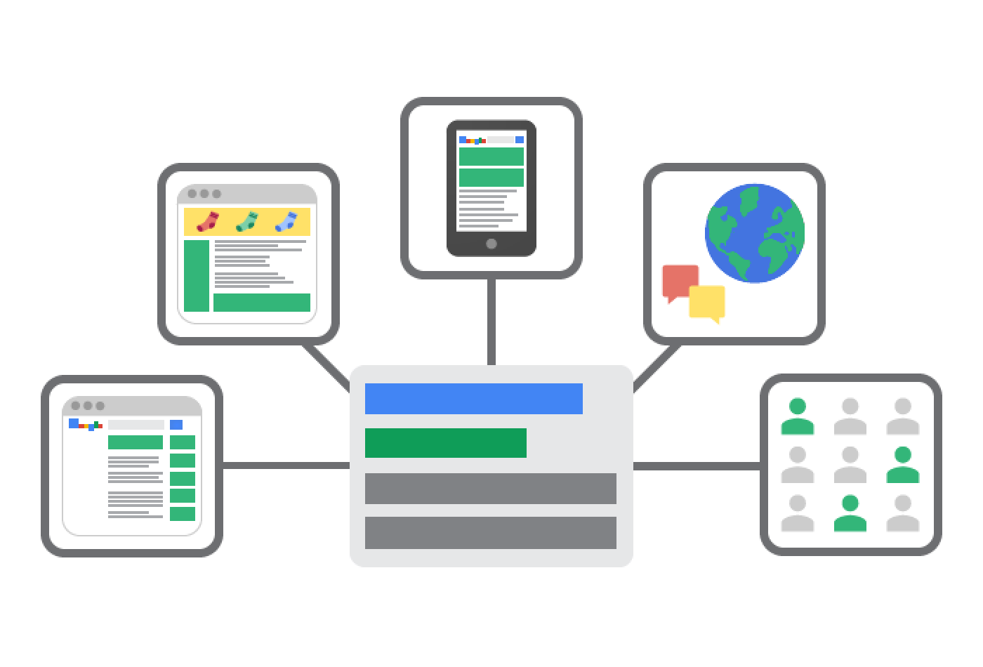 Digital Marketing Diagram with Globe and Chat Bubbles