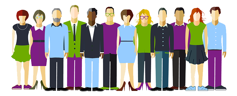 Thirteen Flat Illustrated People in Purple Green Blue