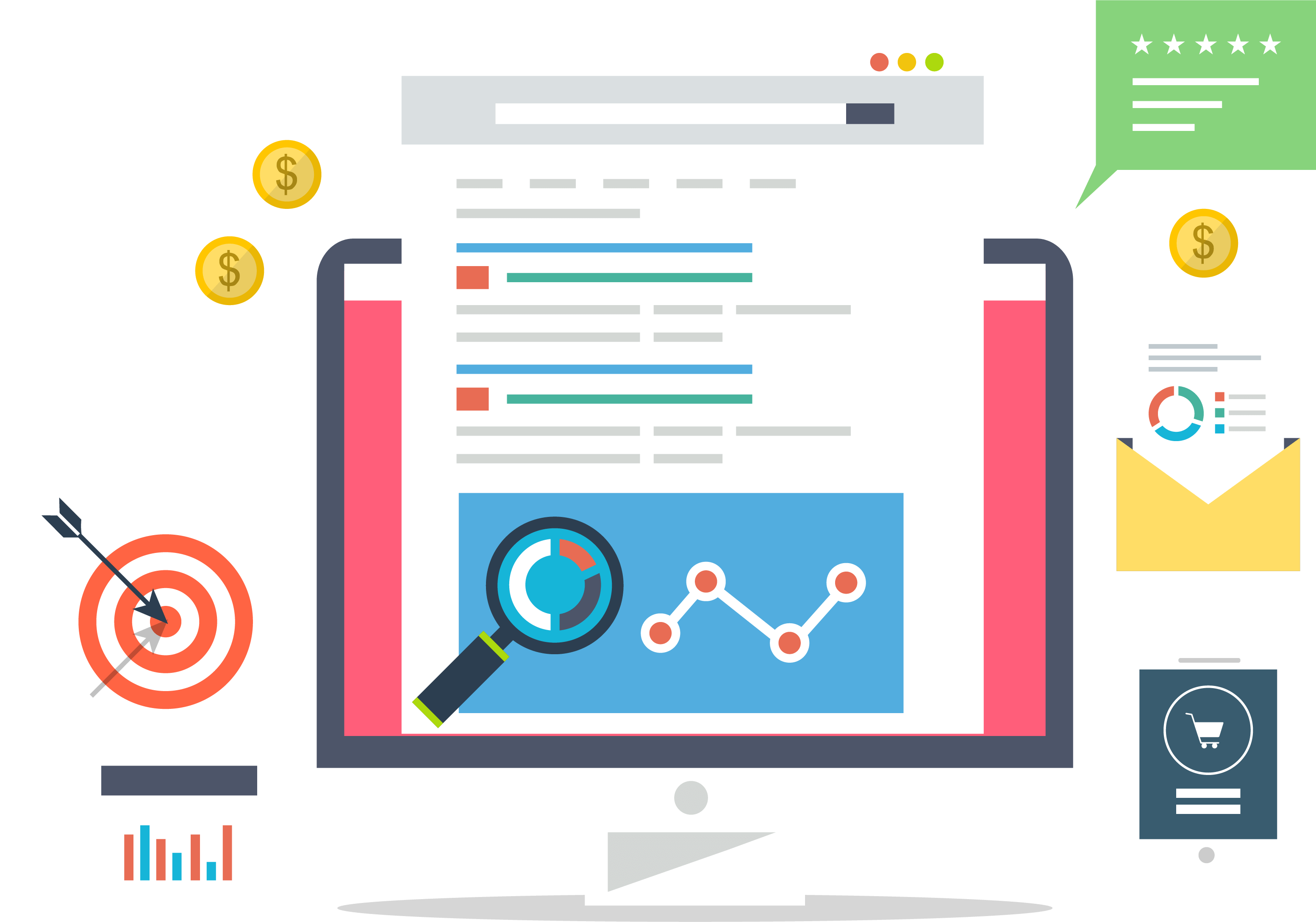 Flat Digital Marketing Monitor with Analytics Icons