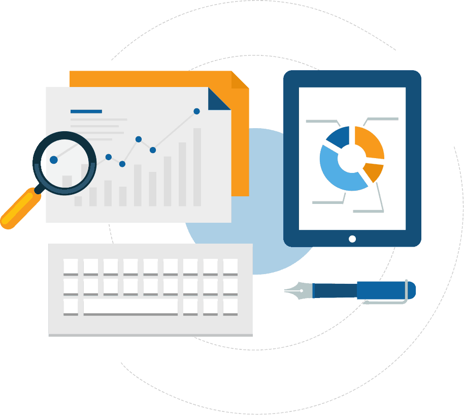 Data Analytics Illustration with Magnifier and Charts