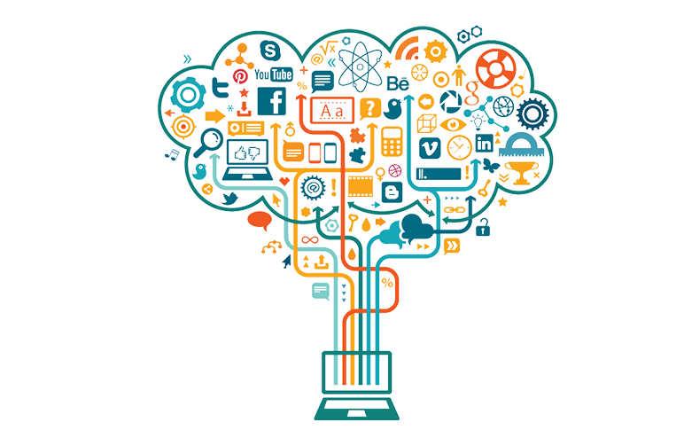 Teal Social Media Cloud Flowing Into Laptop