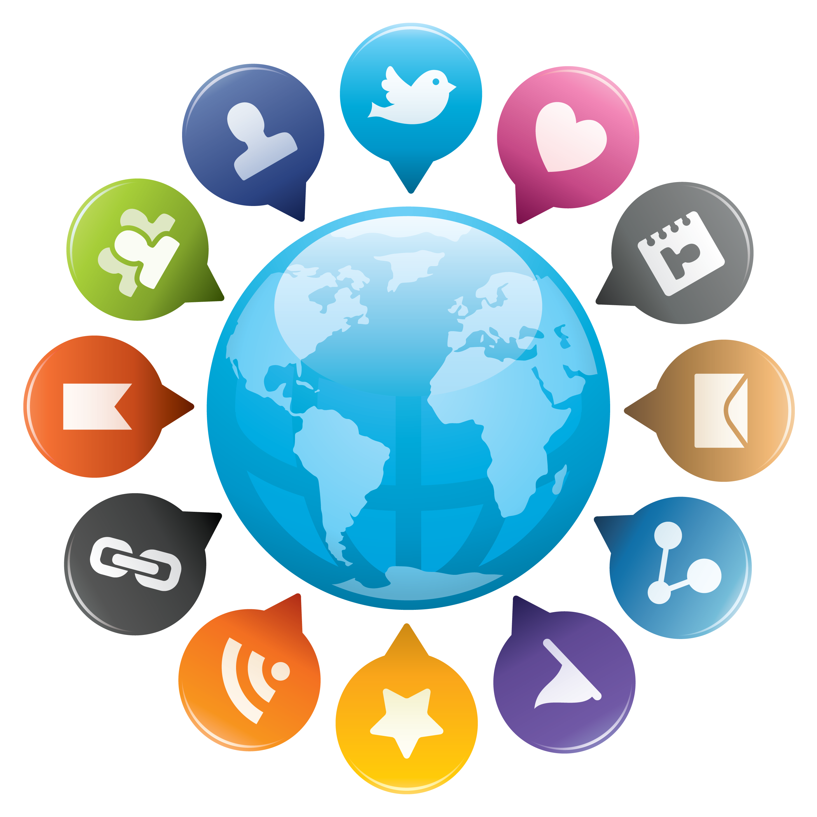 Glossy Globe with Colorful Social Speech Bubbles