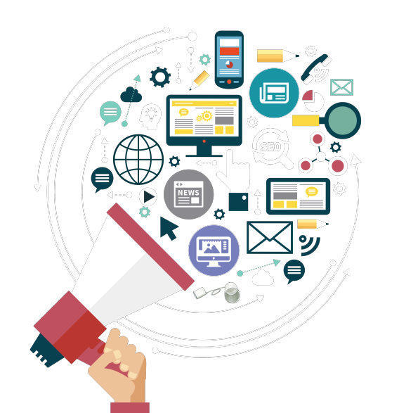 Red Megaphone with Flat Marketing Icons