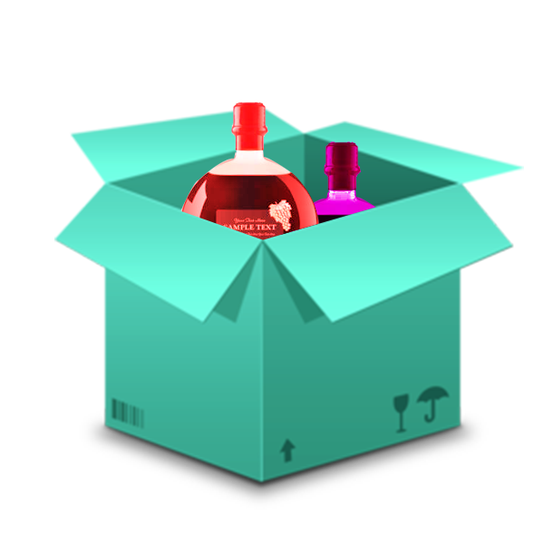 Teal Cardboard Box with Red and Magenta Bottles