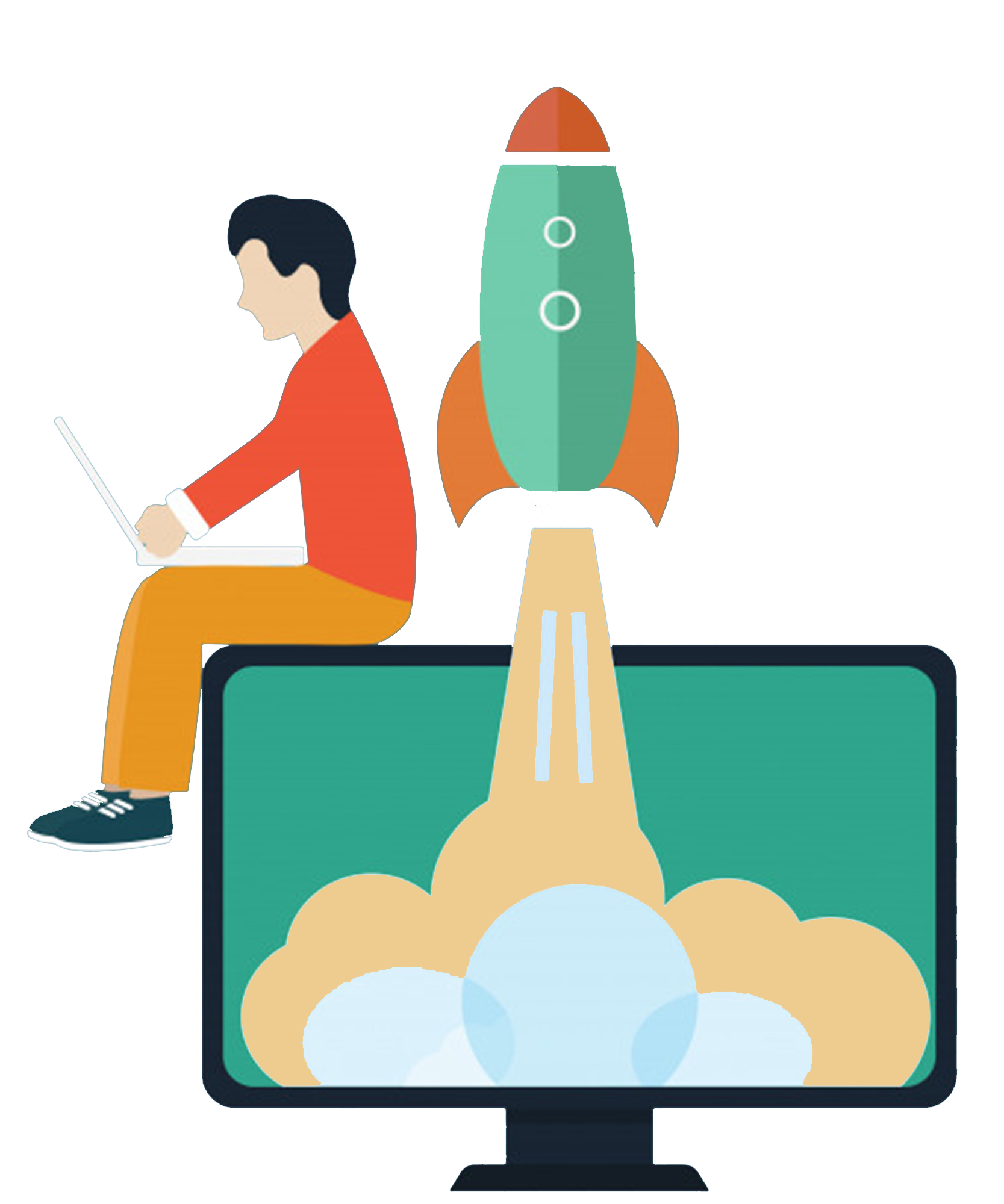 Man with Laptop Beside Launching Rocket