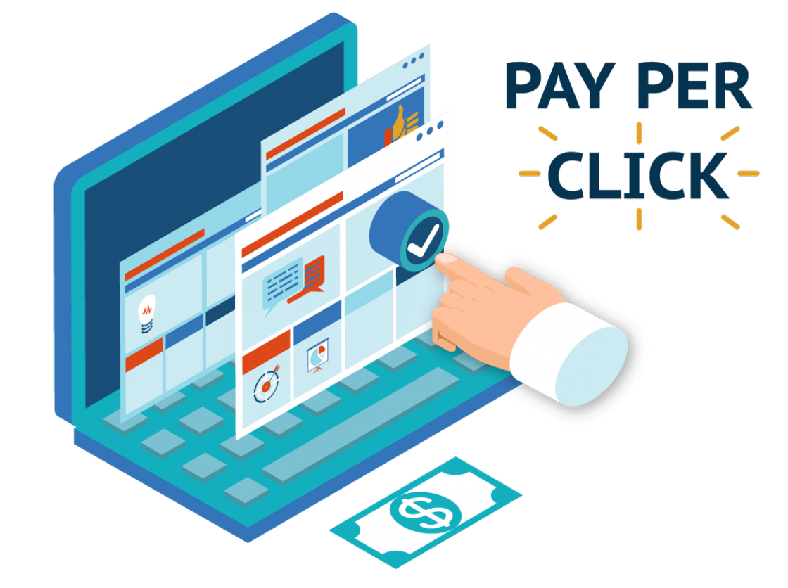Isometric Laptop with Pay-Per-Click Ad Icons