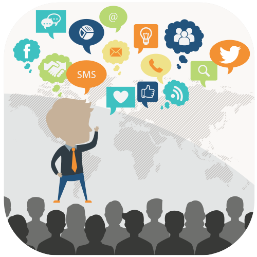 Cartoon Presenter Pointing at Floating Social Icons