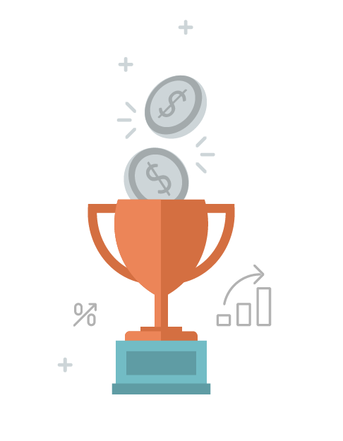 Orange Trophy Cup with Coins and Bar Chart
