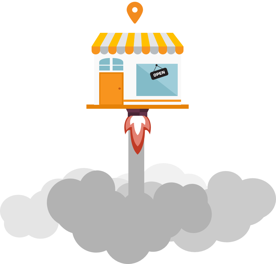Storefront with Striped Awning and Rocket Launch