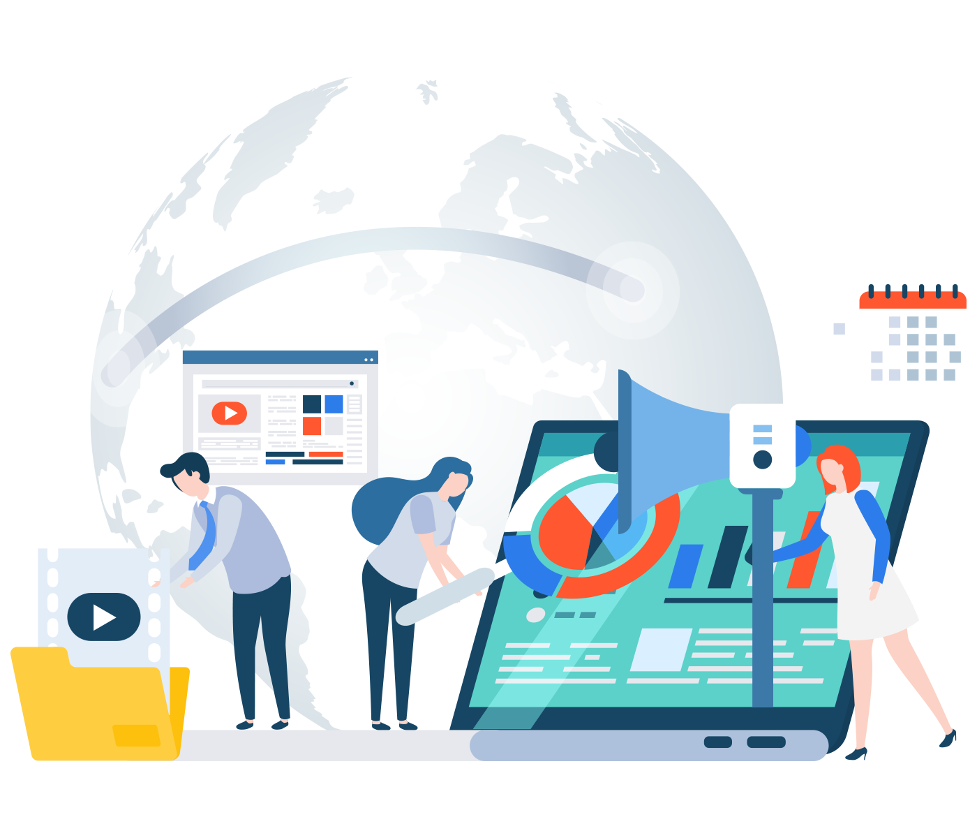 Digital Marketing Illustration with Pie Chart Tablet
