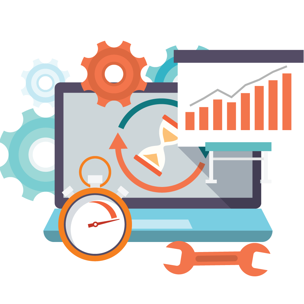 Flat Laptop with Gears and Bar Chart