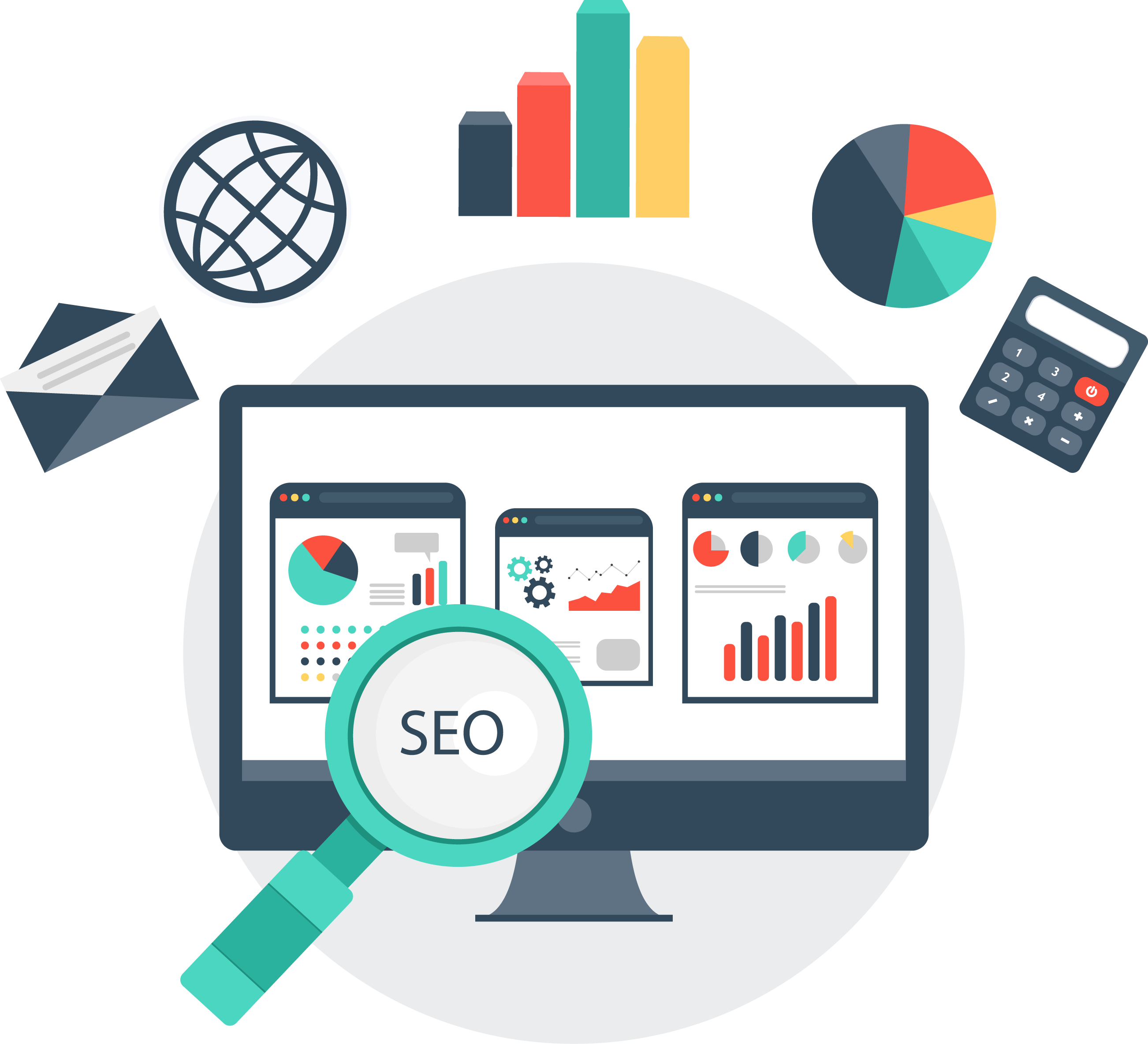 Flat SEO Magnifying Glass over Analytics Monitor