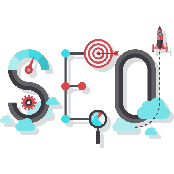 Flat SEO Letters with Rocket and Gauge