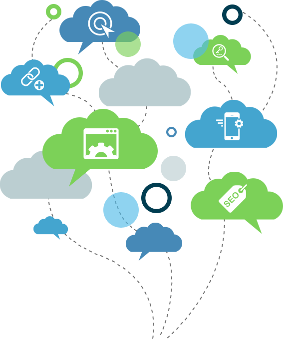 Blue and Green Digital Marketing Icon Clouds