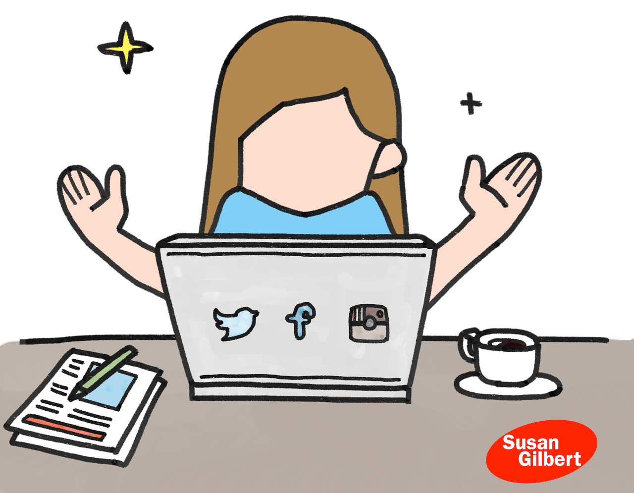 Cartoon Woman Behind Laptop with Social Icons