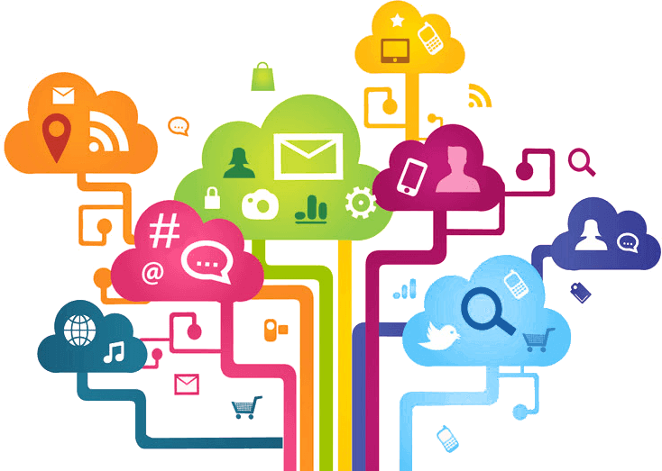 Colorful Connected Clouds with Marketing Icons