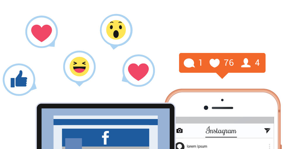 Social Media Reaction Bubbles Around Laptop and Phone