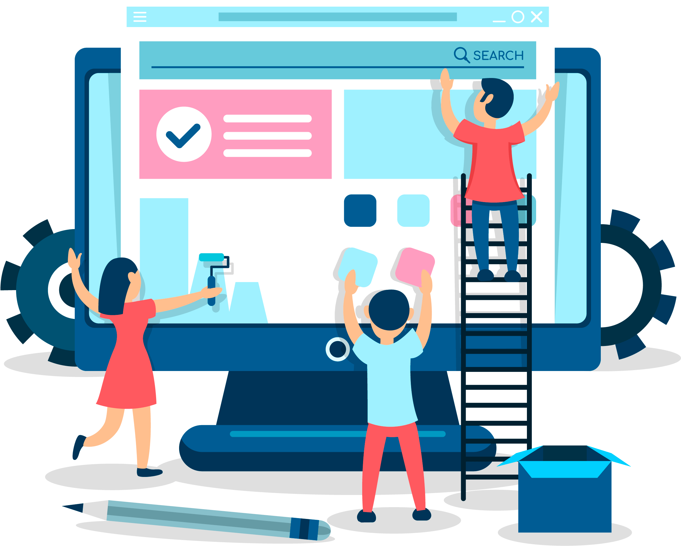 Three People Building a Website Flat Illustration