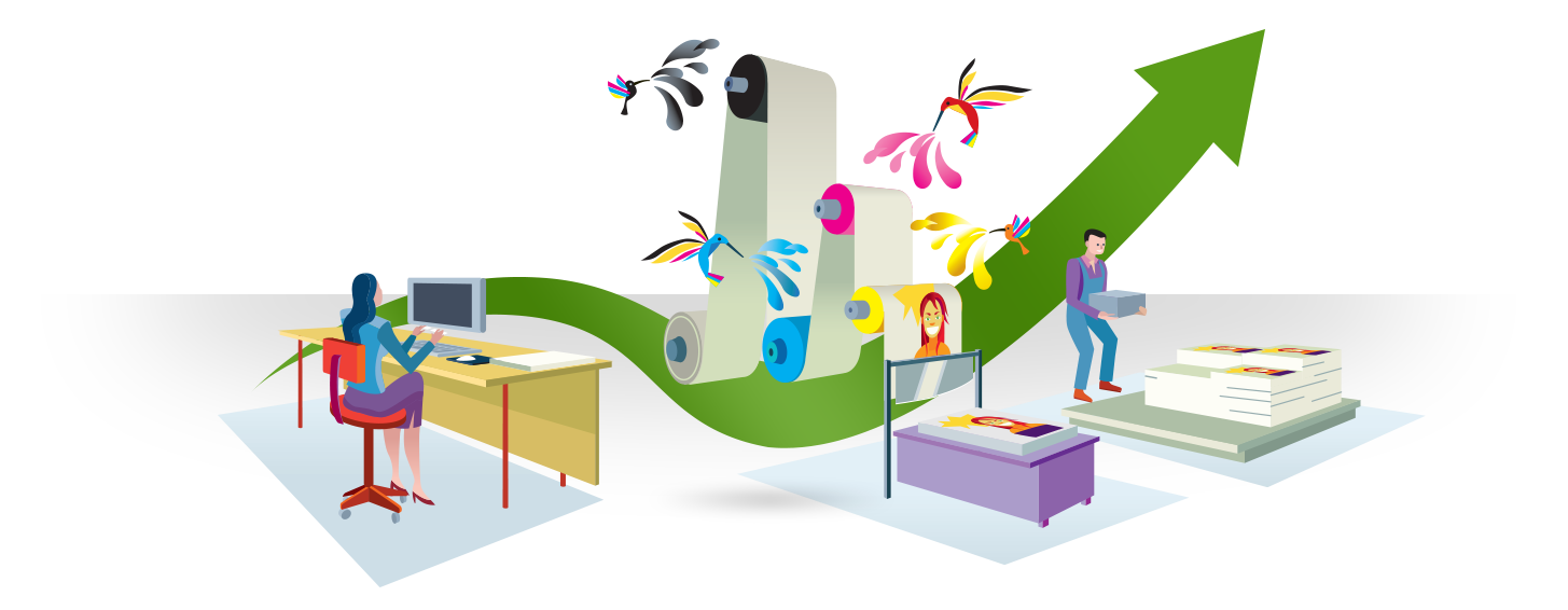 Colorful Printing Press with Hummingbirds and Growth Arrow