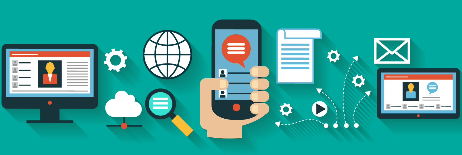 Flat Hand Holding Phone with Marketing Icons