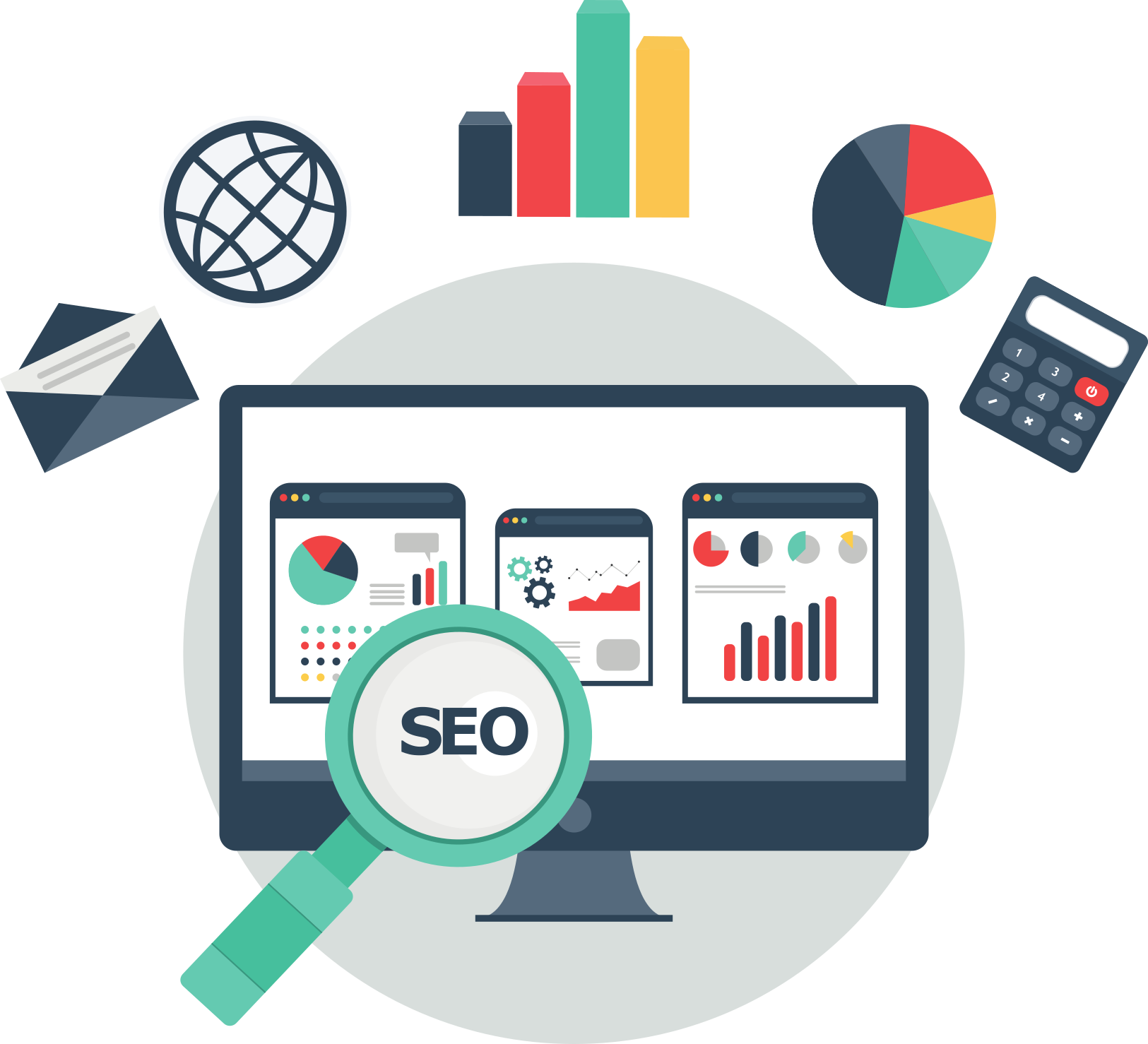 SEO Monitor with Analytics and Teal Magnifier