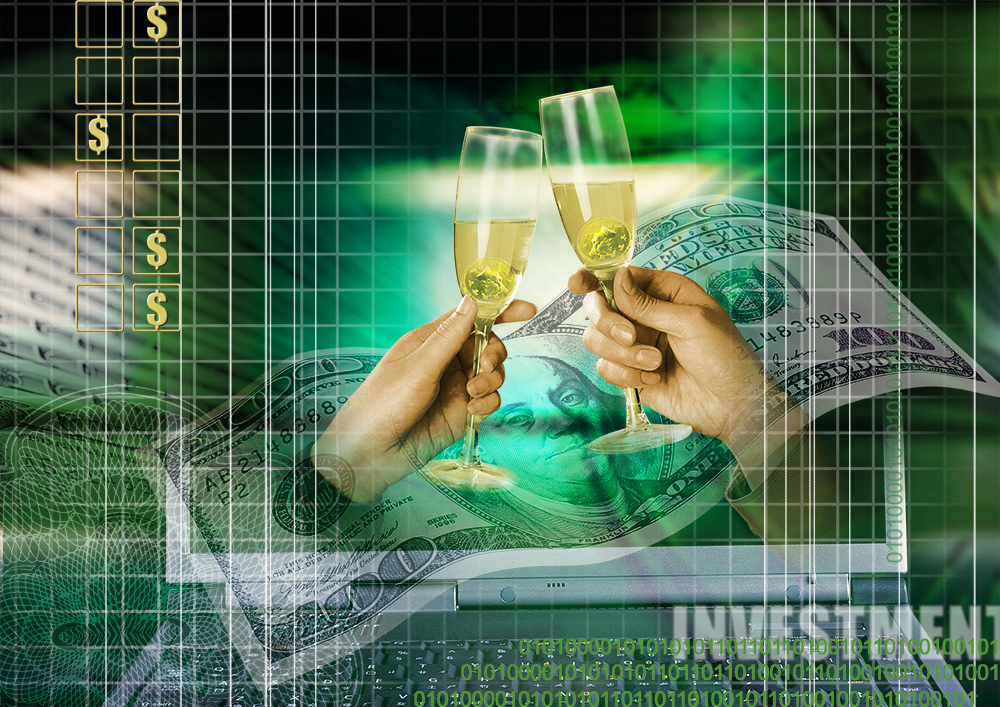 Hands Clinking Champagne Flutes over Dollar Bills
