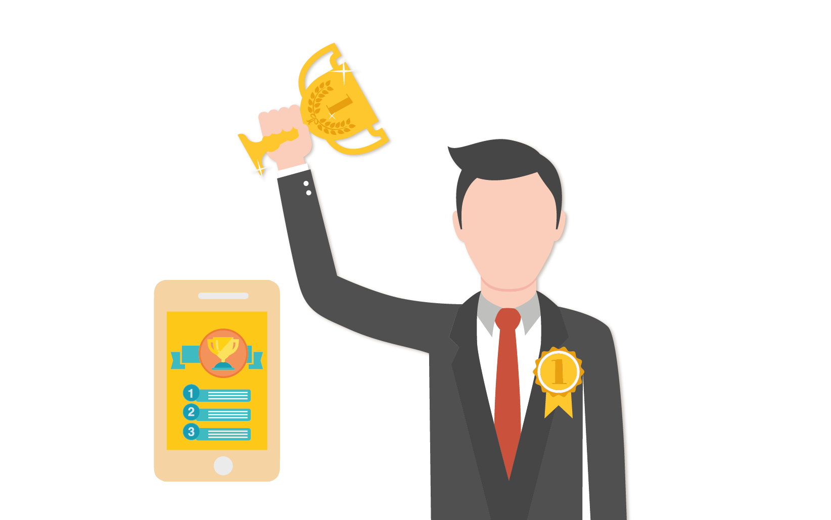 Businessman Raising Gold Trophy, Flat Style
