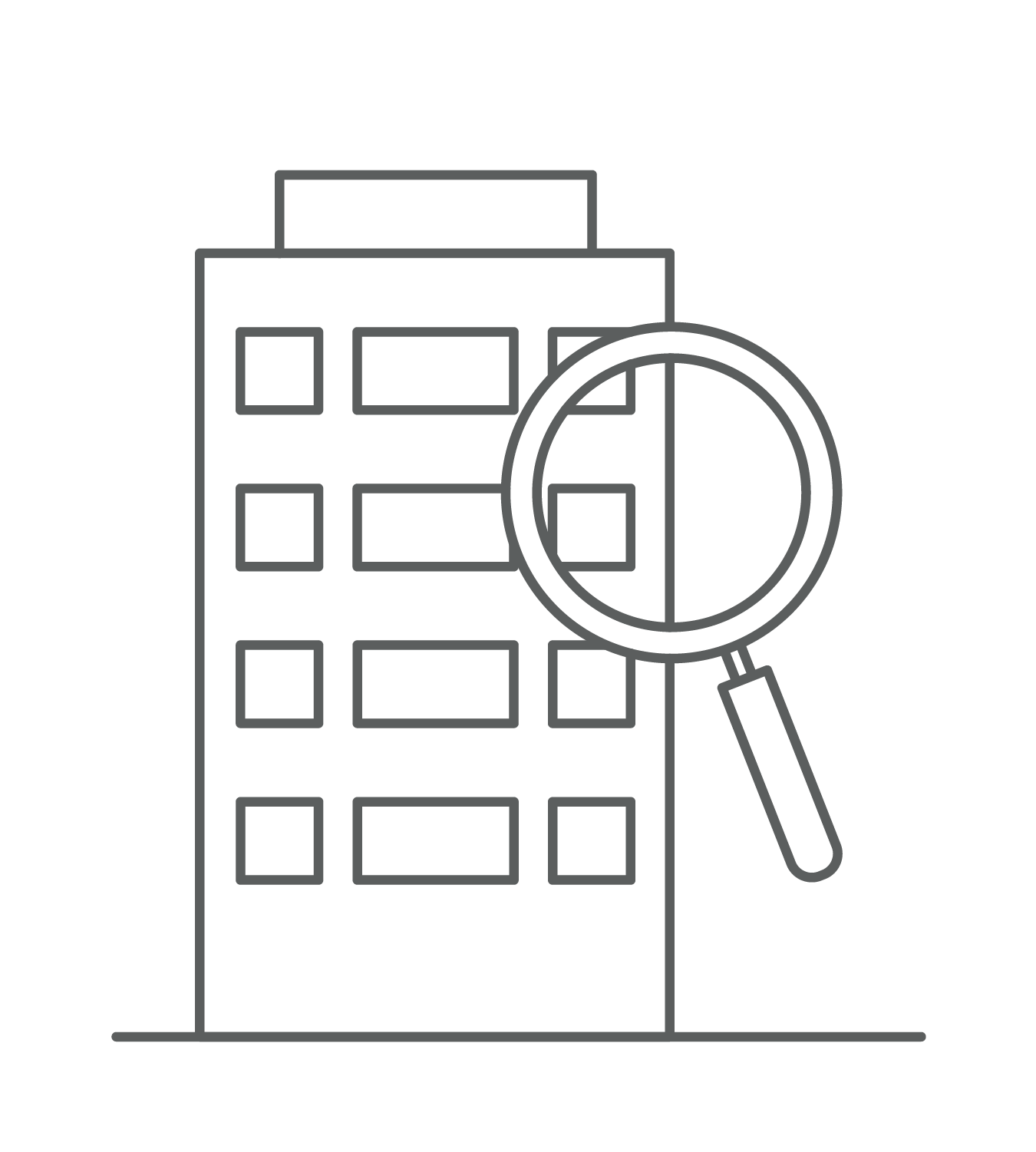 Office Building Magnifying Glass Grey Outline Icon