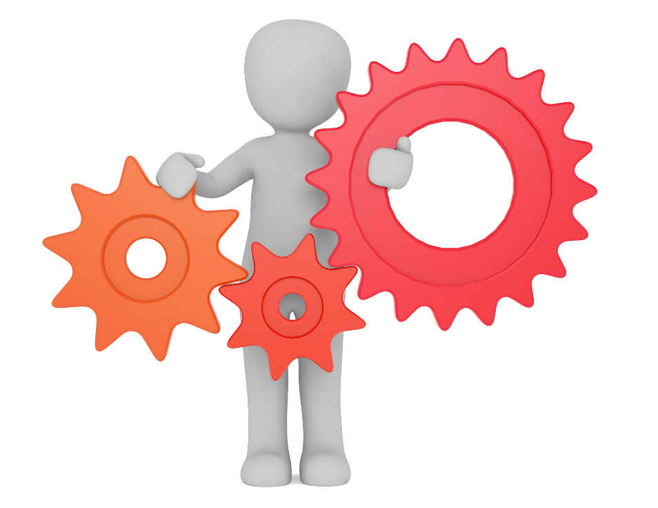 Grey 3D Figure Holding Red and Orange Gears