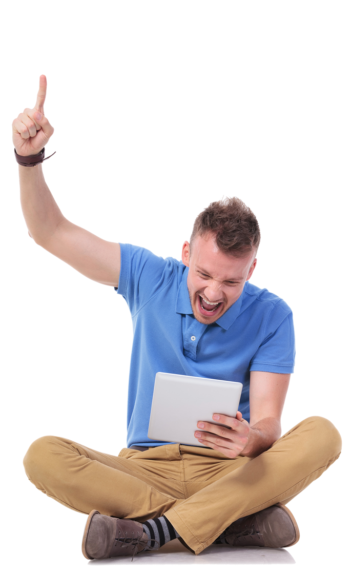 Excited Man Sitting Cross-Legged with Tablet