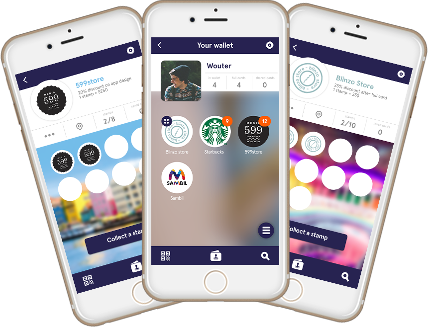 Three Smartphones Showing Loyalty Wallet App