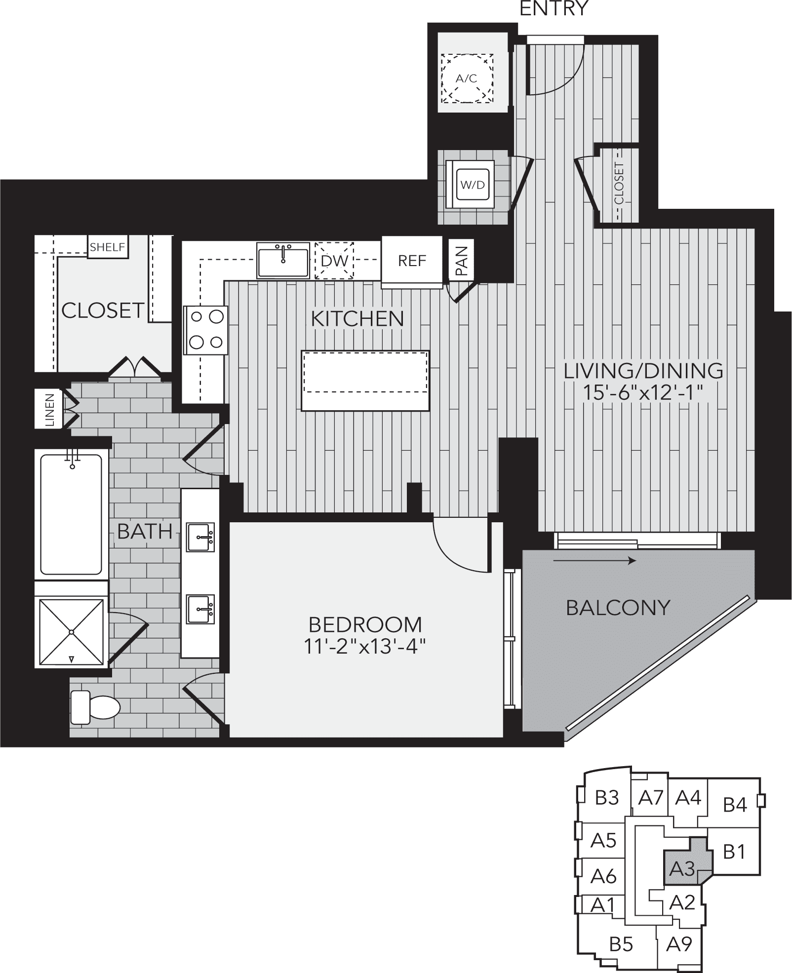 One-Bedroom Apartment Floor Plan Line Drawing