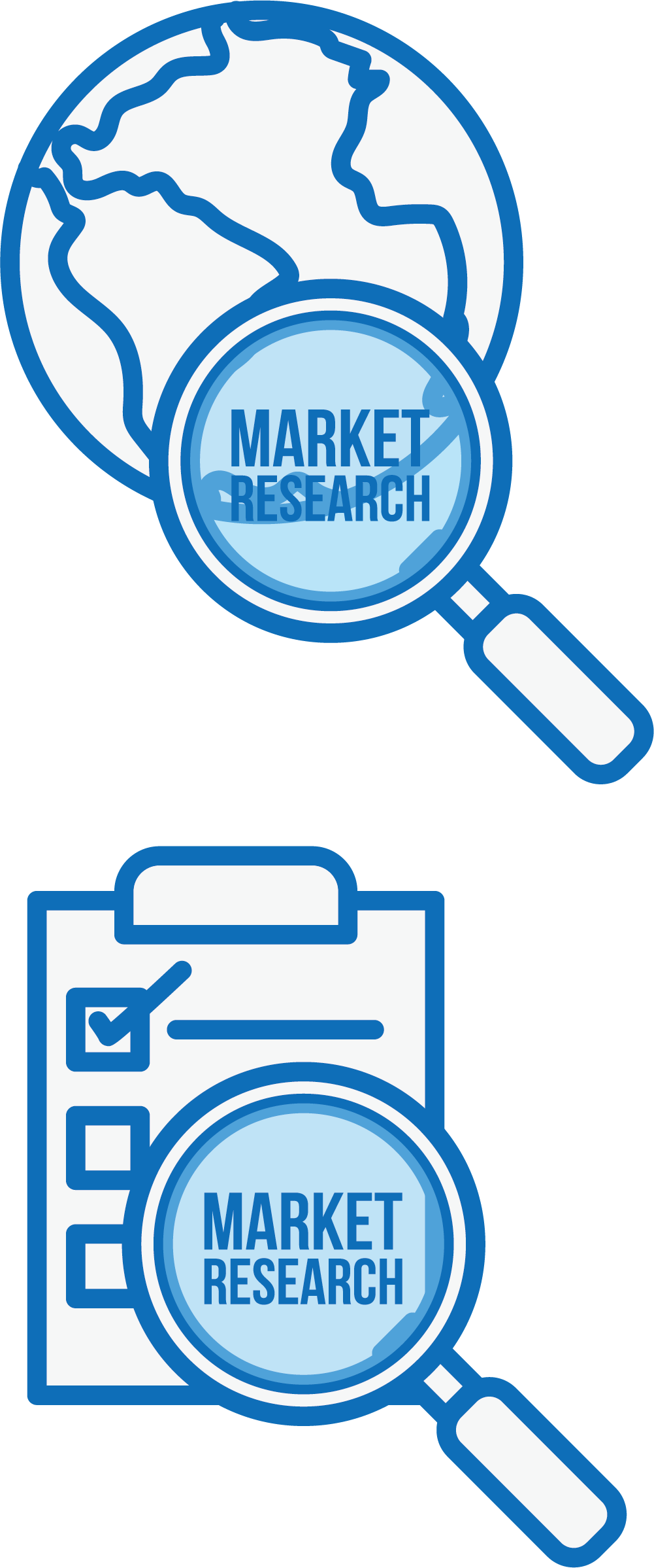 Blue Magnifying Glass over Globe and Clipboard