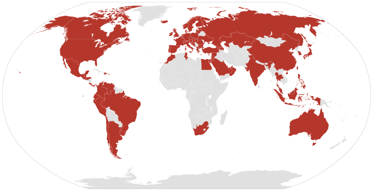 World Map with Deep Red Highlighted Countries