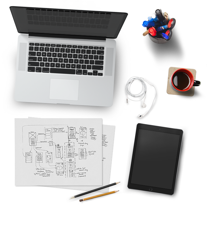 Flat-Lay Desk Scene with Laptop and Red Mug