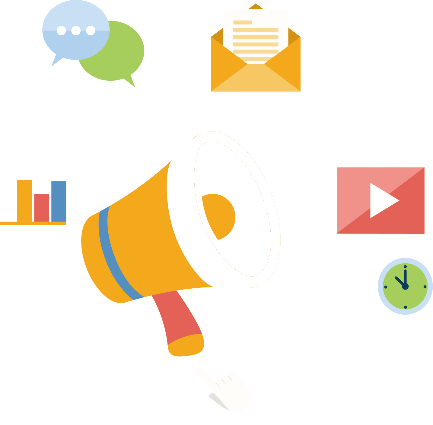 Flat Orange Megaphone with Marketing Icons