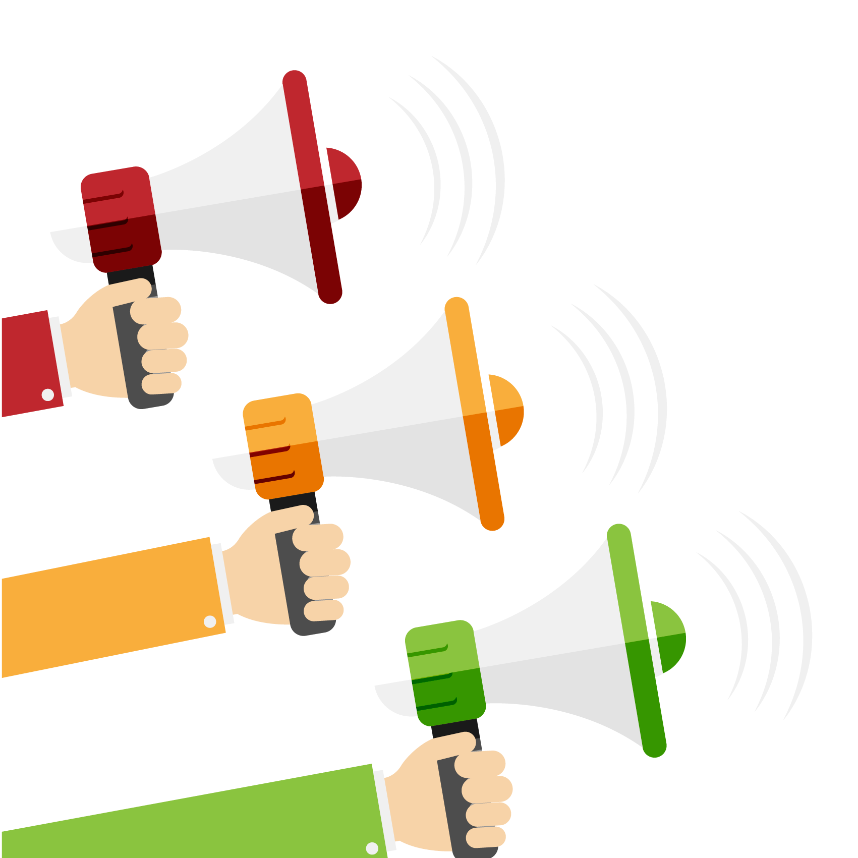 Three Hands Holding Colorful Megaphones