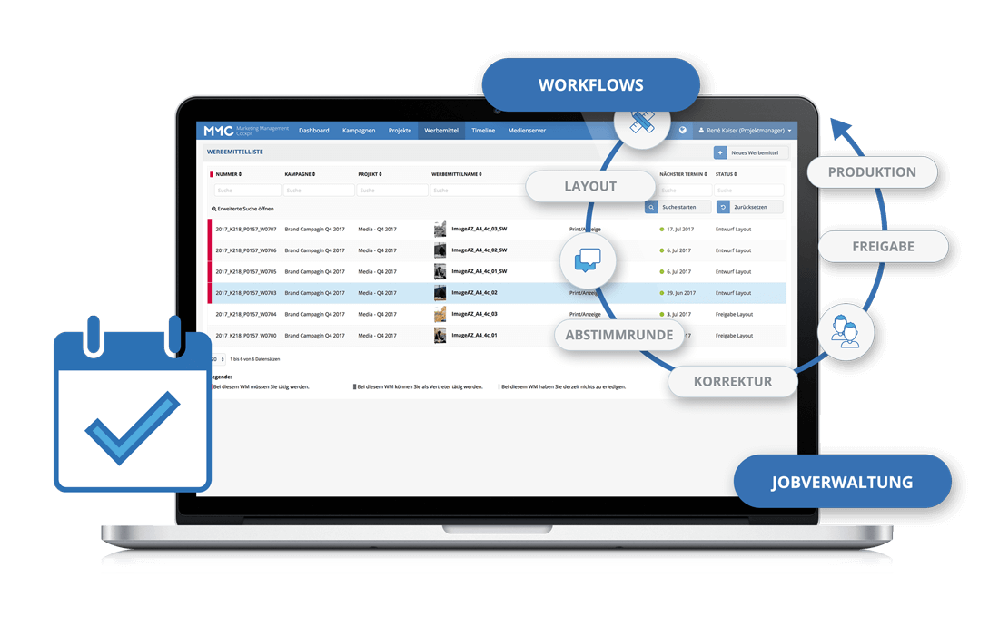 Silver Laptop with Blue Marketing Workflow Dashboard