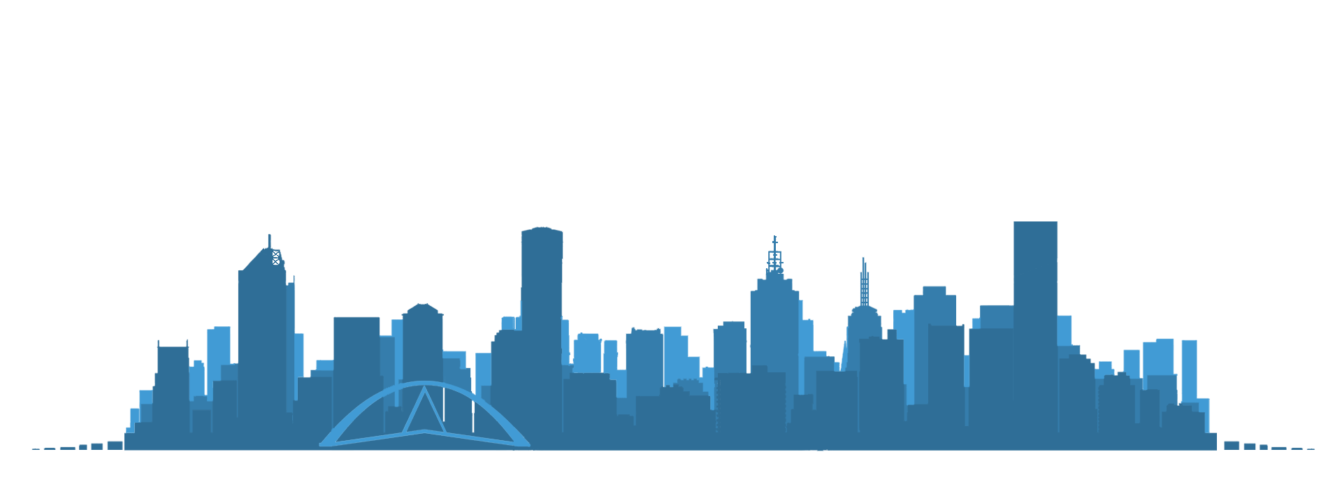 Blue City Skyline Silhouette with Arched Bridge