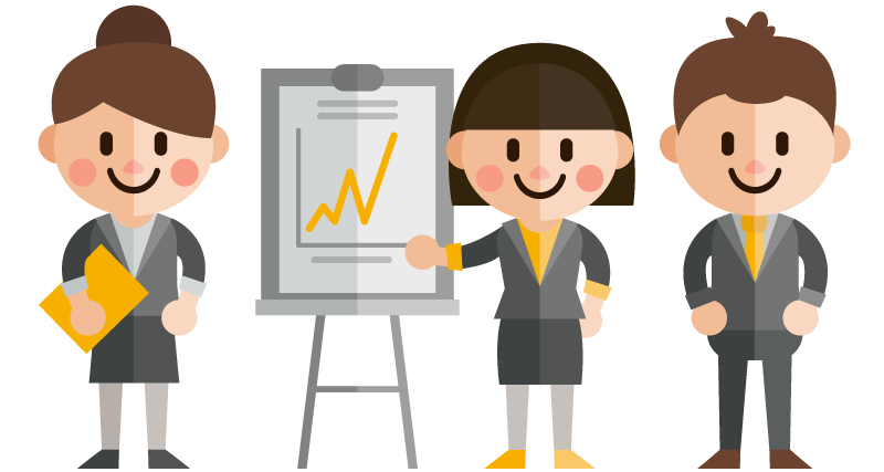Three Office Workers Pointing at Rising Chart