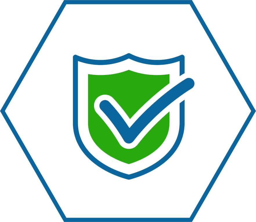Green Shield with Blue Checkmark in Hexagon