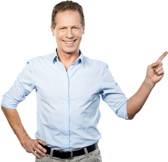 Smiling Man Pointing in Light Blue Shirt