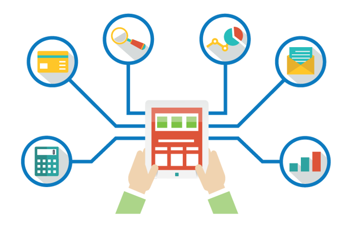 Hands Holding Tablet with Marketing Icons