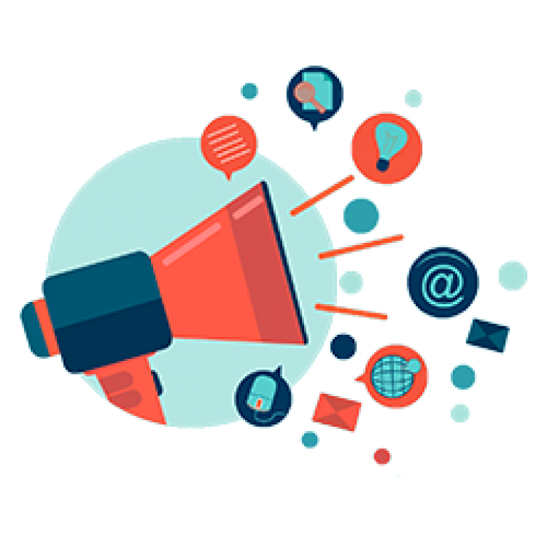 Coral Megaphone with Digital Marketing Icons