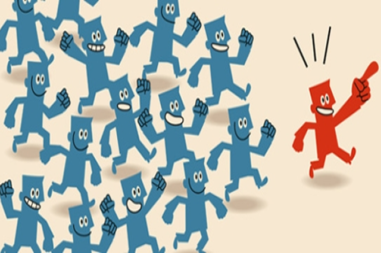 Blue Cartoon Crowd Following Red Leader
