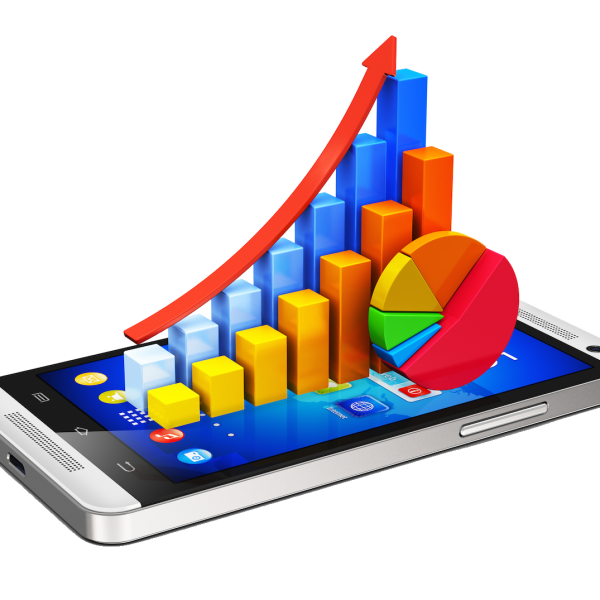Smartphone with 3D Bar Chart and Red Arrow