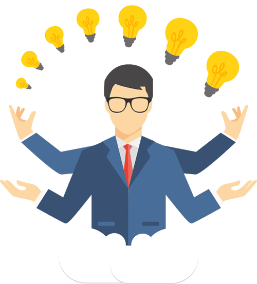 Six-Armed Businessman Juggling Light Bulbs