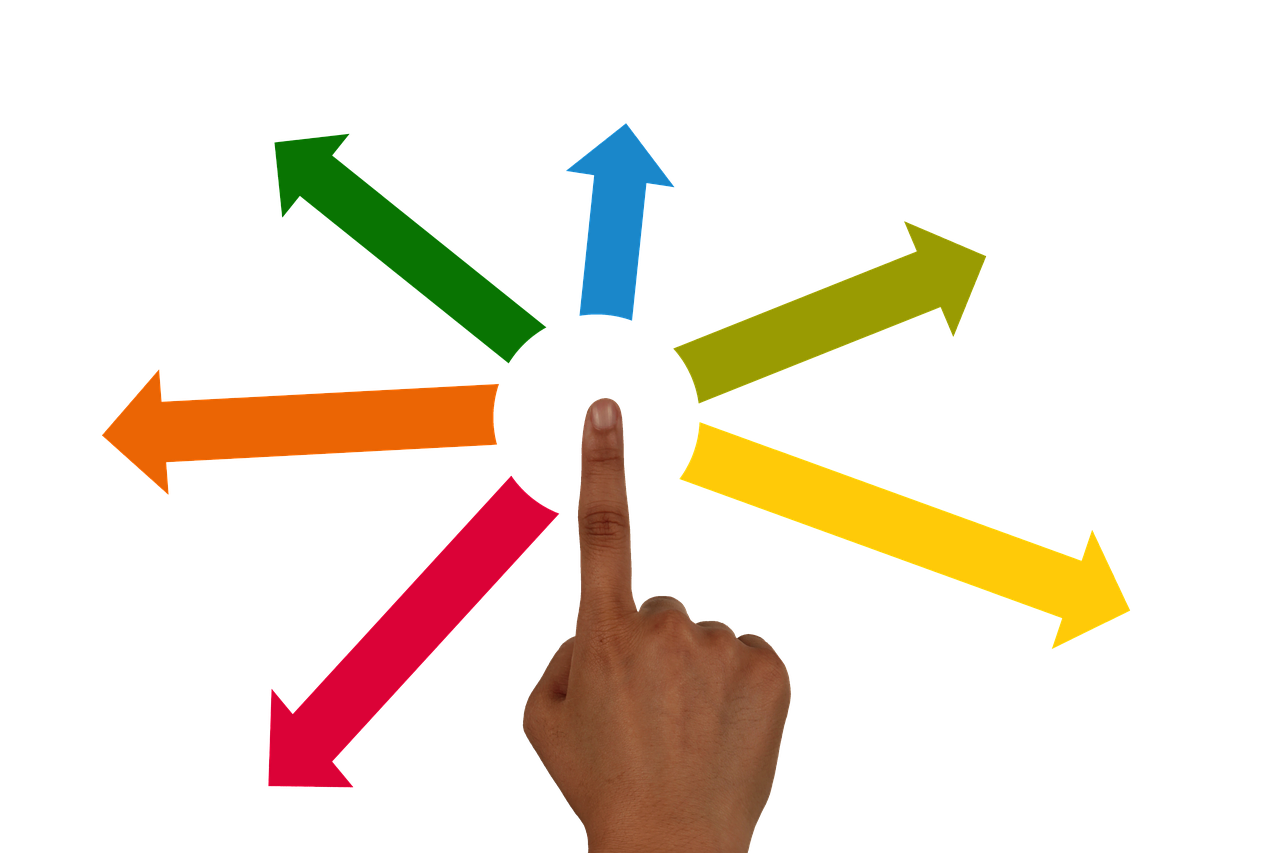 Pointing Hand with Six Colorful Arrows