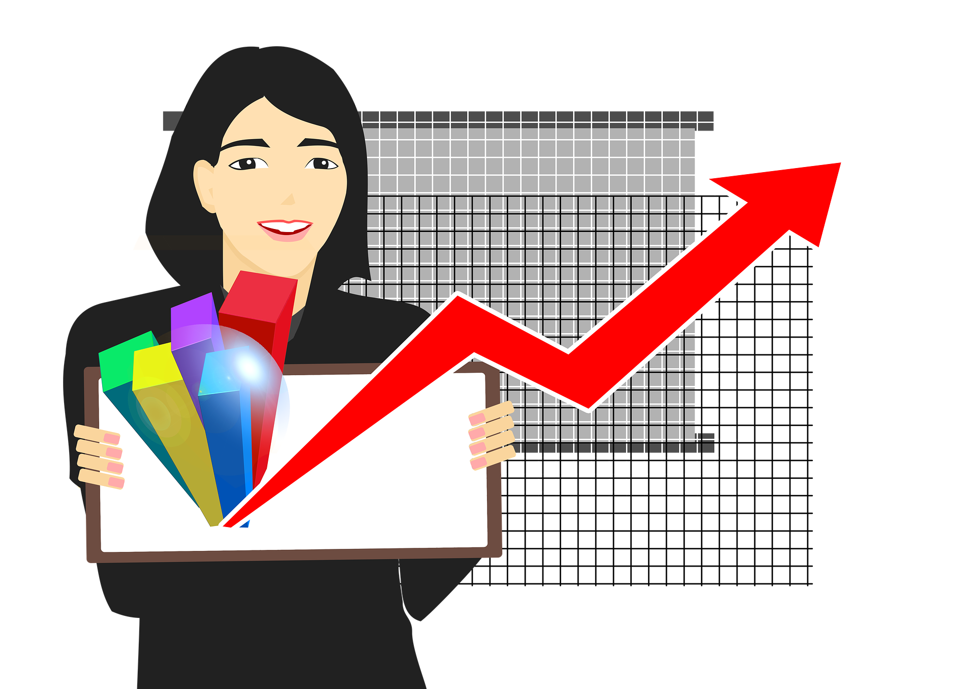 Cartoon Businesswoman Holding Tablet with Bar Chart