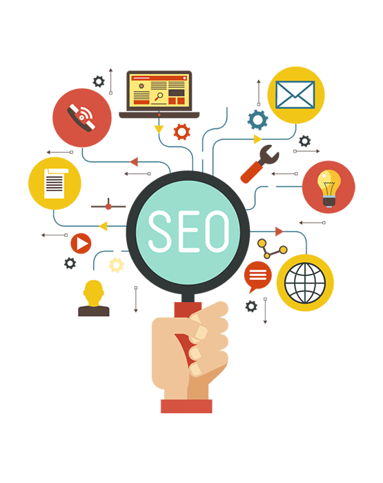 SEO Magnifying Glass Hand with Flat Icons